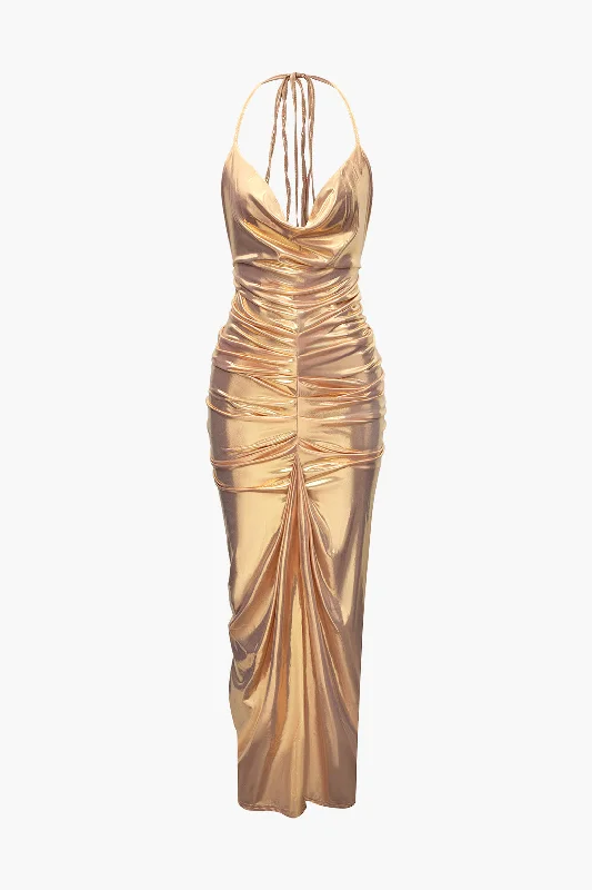 Metallic Ruched Halter Maxi Dress