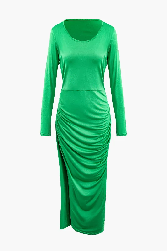 Asymmetrical Hem Round Neck Ruched Long Sleeve Maxi Dress