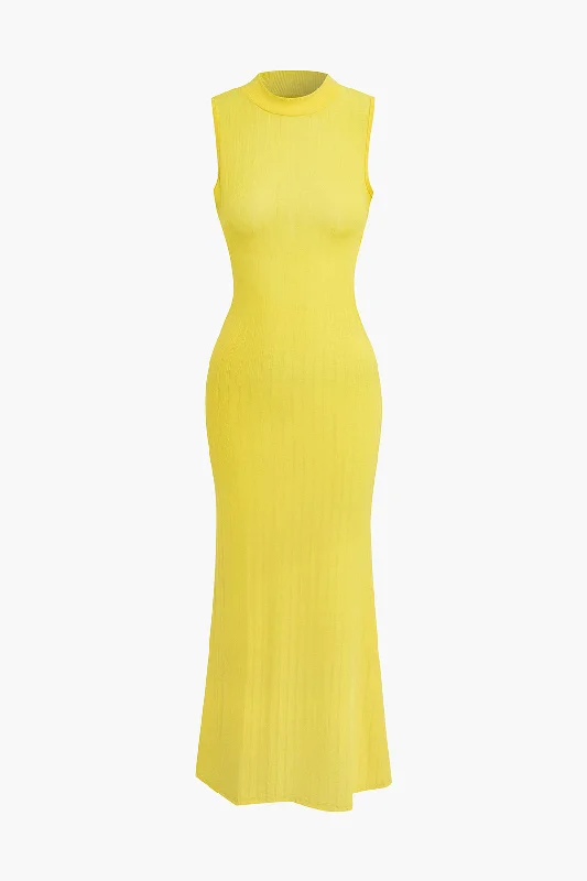 Ribbed Mock Neck Backless Sleeveless Maxi Dress