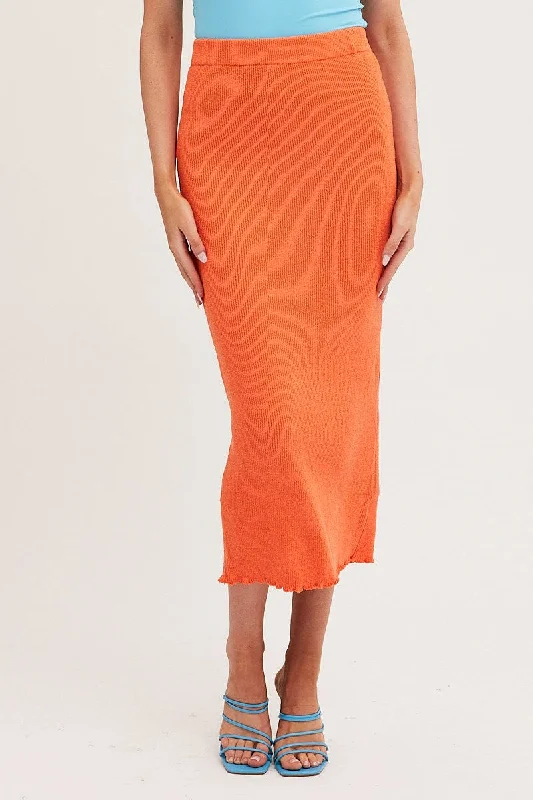 Orange Maxi Skirt Knit High Waist