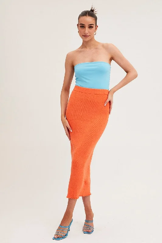 Orange Maxi Skirt Knit High Waist