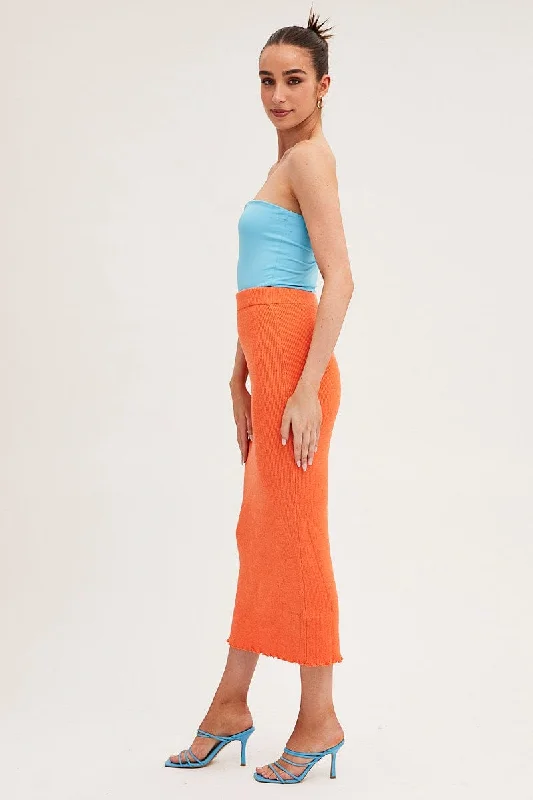 Orange Maxi Skirt Knit High Waist