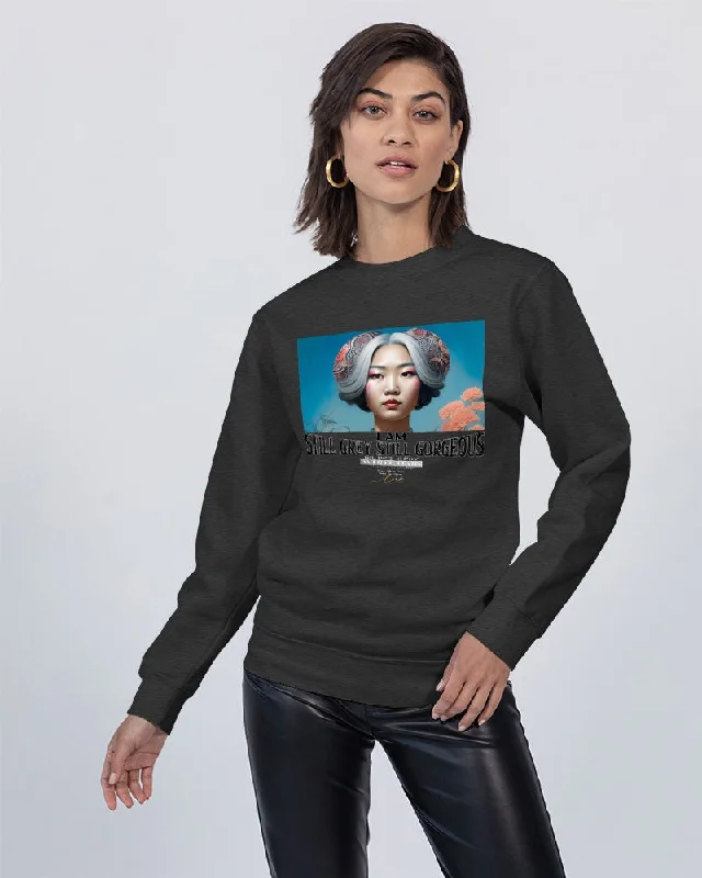 Promoting Asian women with silver grey Unisex Premium Crewneck Sweatshirt | Lane Seven