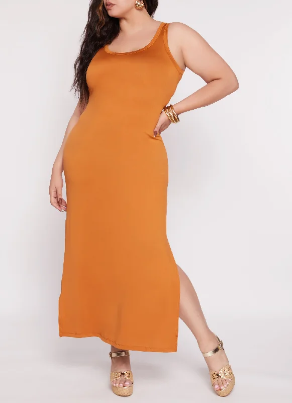 Plus Size Scoop Neck Side Slit Maxi Tank Dress