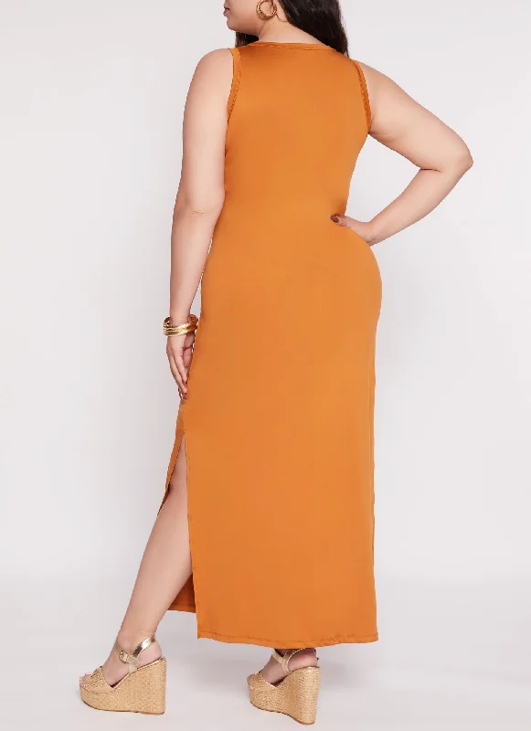 Plus Size Scoop Neck Side Slit Maxi Tank Dress