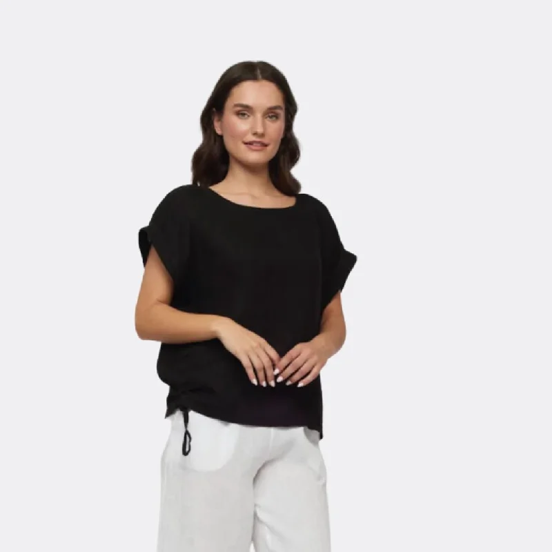 Short Sleeve Linen Top w/ Drawstring Sides (Black)