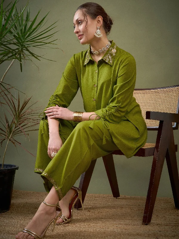 Women Green Collar Embroidered Shirt With Palazzos