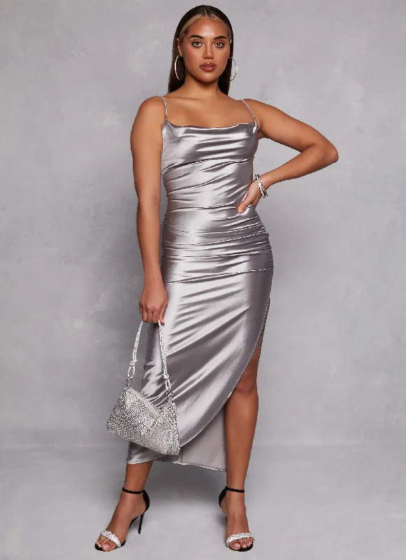 Satin Cowl Neck Asymmetrical Hem Cami Dress