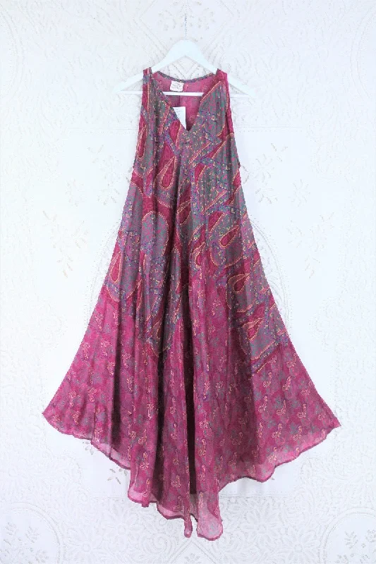 Siren Maxi Dress - Raspberry Pink & Jade Paisley - Vintage Indian Silk - XS-M/L