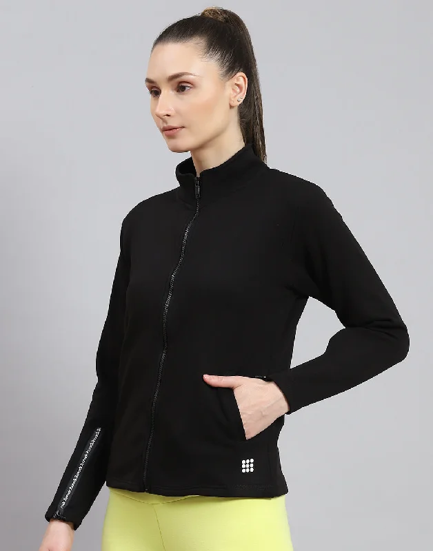 Women Black Solid Stand Collar Full Sleeve Sweatshirt