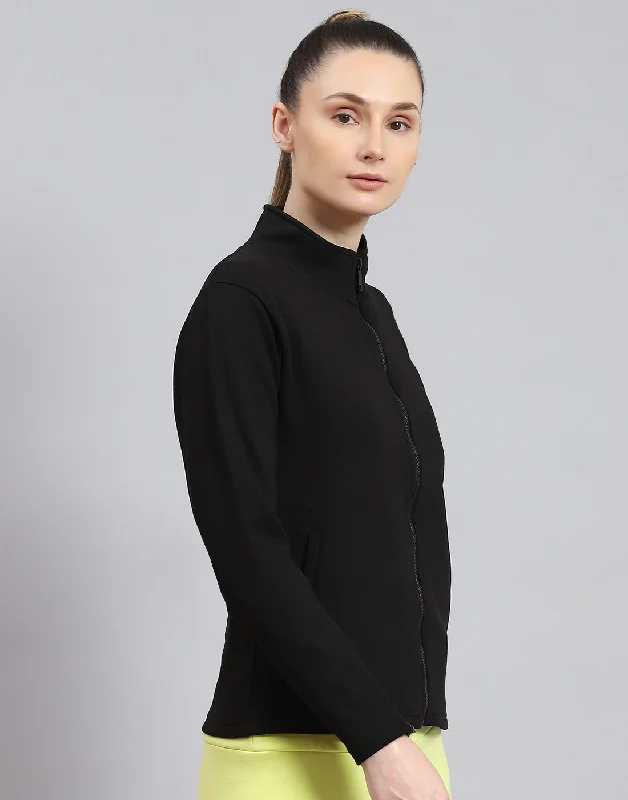 Women Black Solid Stand Collar Full Sleeve Sweatshirt