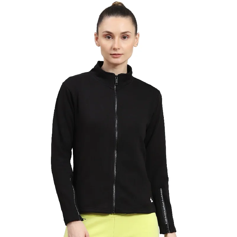 Women Black Solid Stand Collar Full Sleeve Sweatshirt