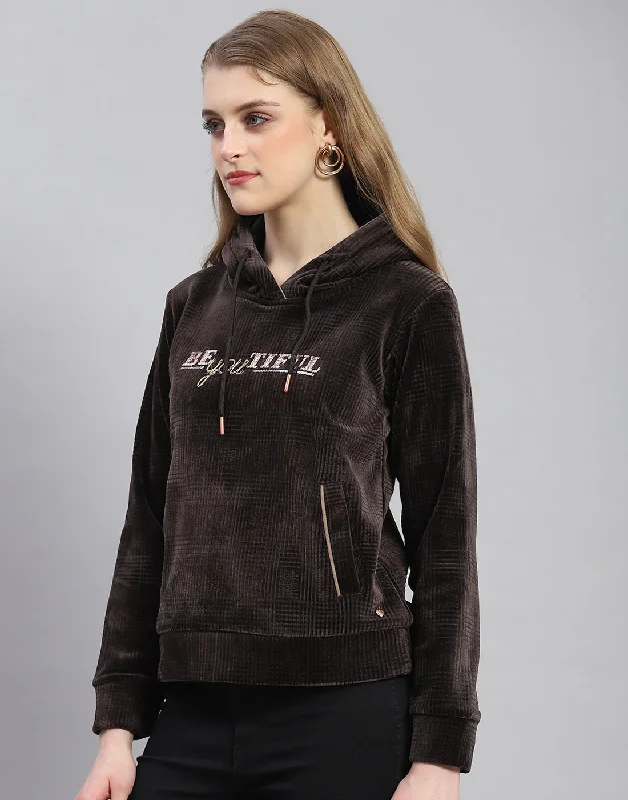 Women Brown Embroidered Hooded Full Sleeve Sweatshirt