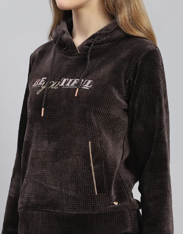 Women Brown Embroidered Hooded Full Sleeve Sweatshirt