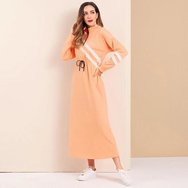 FashionSierra - Women Casual Dress Zip Half Placket Contrast Striped Drawstring Detail Dress Long Sleeve Maxi Dresses Autumn