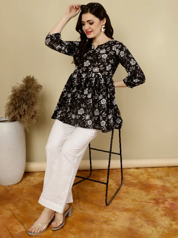 Printed 3/4 Sleeves Regular Pure Cotton (Black) Top