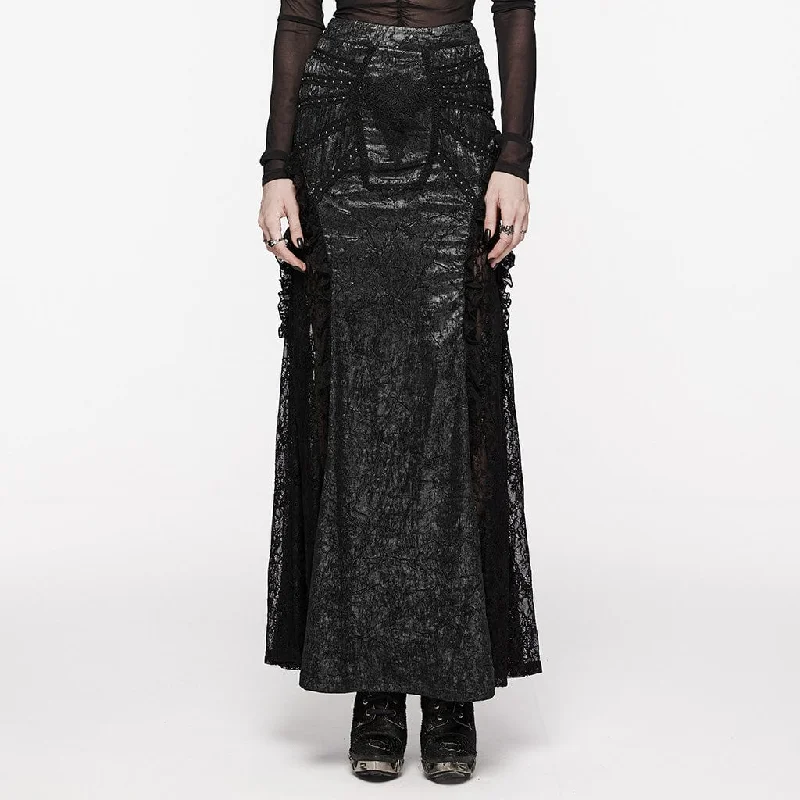 Women's Gothic Floral Embroidered Lace Splice Skirt Black