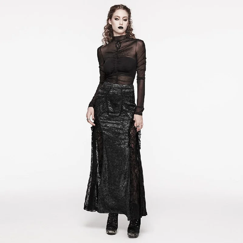 Women's Gothic Floral Embroidered Lace Splice Skirt Black