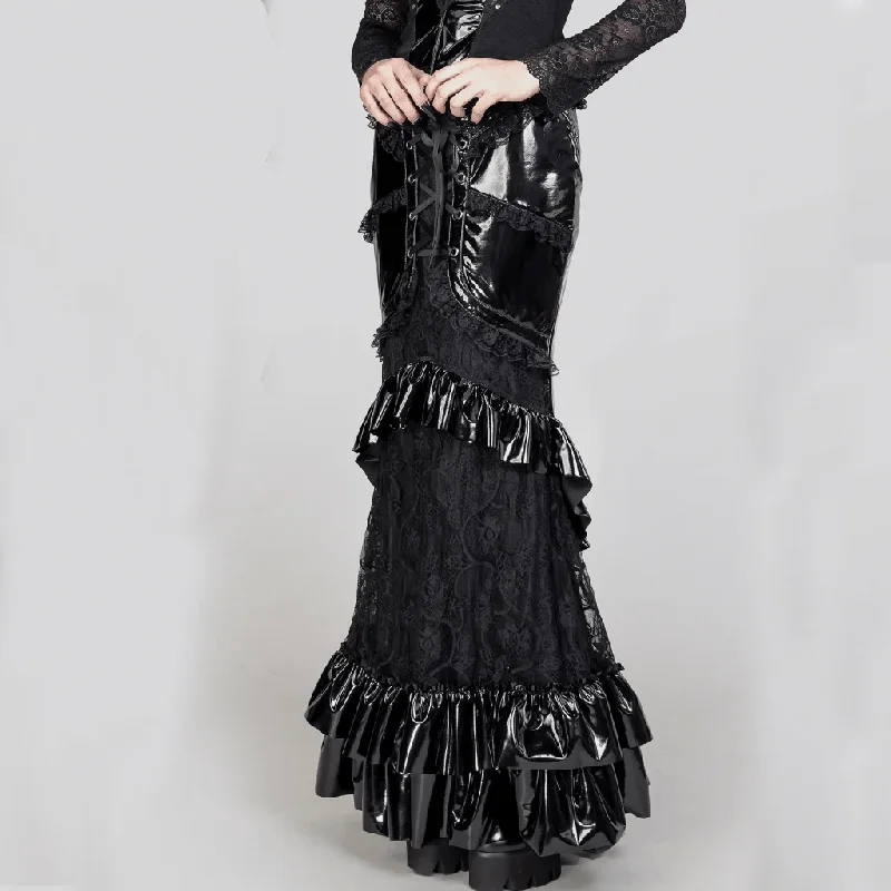 Women's Gothic Ruffled Lace Splice Patent Leather Fishtail Skirt