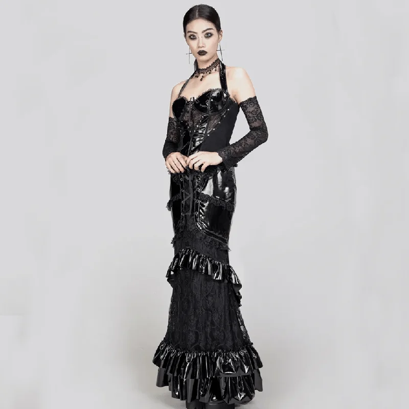 Women's Gothic Ruffled Lace Splice Patent Leather Fishtail Skirt