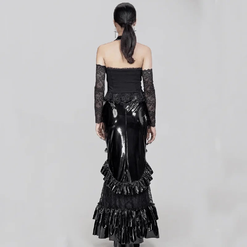 Women's Gothic Ruffled Lace Splice Patent Leather Fishtail Skirt