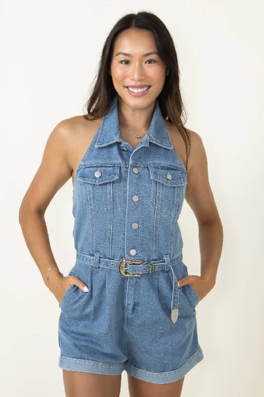ACOA Western Halter Romper for Women in Denim | ACR20348-DENIMBLUE Ruched Waist Romper Elegant