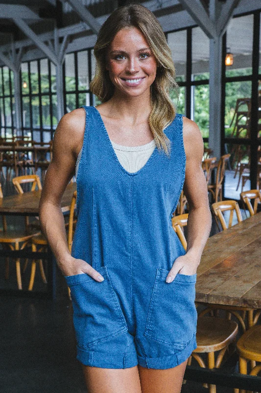 Azalea Washed Denim Romper, Blackberry Relaxed Button Romper Casual