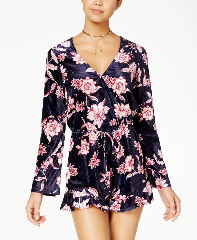 Juniors' Velvet Floral-Print Romper Elegant Long Romper Jumpsuit
