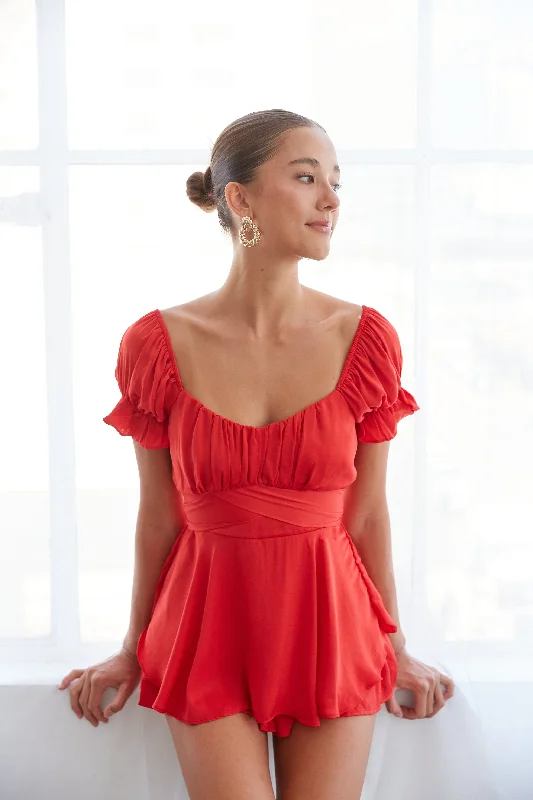 Eleanor Ruffle Wrap Romper in Red Patterned Print Romper Stylish