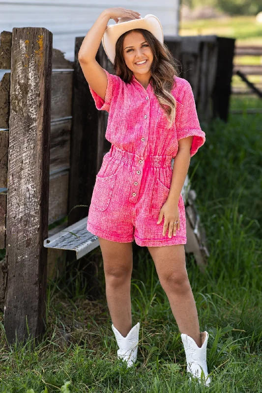 Hot Pink Washed Elastic Waist Romper Velvet Touch Romper Luxe