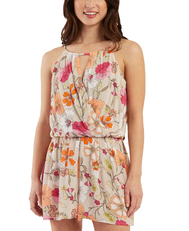 Juniors' Floral Romper Glossy Satin Romper Party