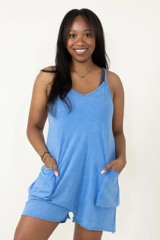 Mineral Washed Onesie Romper for Women in Blue | NP70359-COBALTBLUE Stylish Metallic Romper Trendy