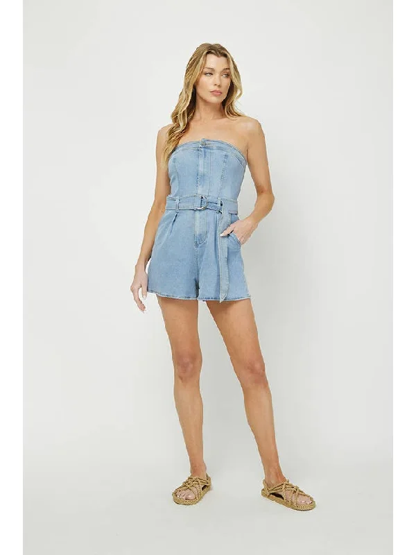 NE Strapless Denim Belted Romper Keyhole Back Romper Elegant
