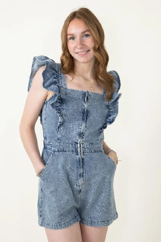 Ruffle Shoulder Denim Romper for Women in Denim | JM2570-1-DENIM Romper for beach vacation