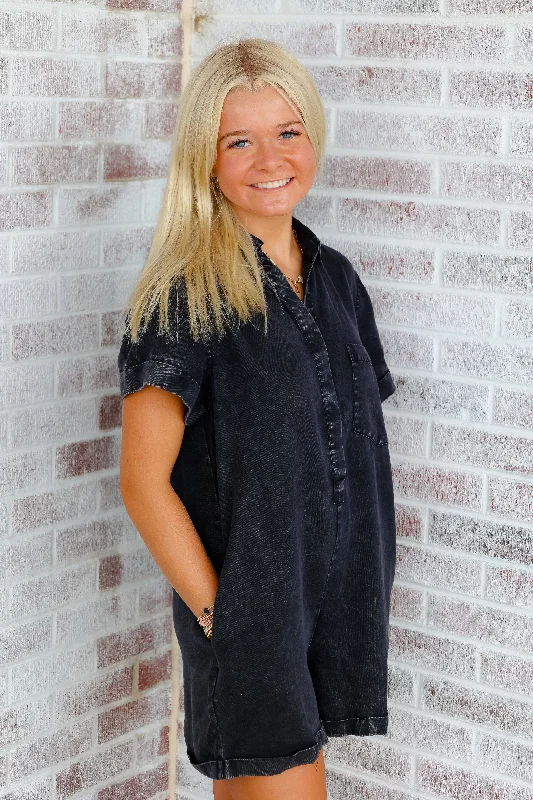Timeless Tailgate Cuff Sleeve Denim Romper with Pockets Zip Front Romper Casual