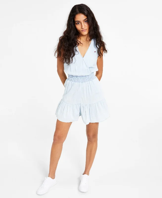 Tommy Jeans Womens Smocked Waist Romper Lace Trim Romper Fashion
