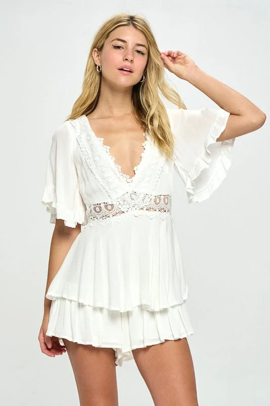Flutter Sleeved Short Romper with Crochet Trim - Beige, White Gathered Waist Romper Feminine
