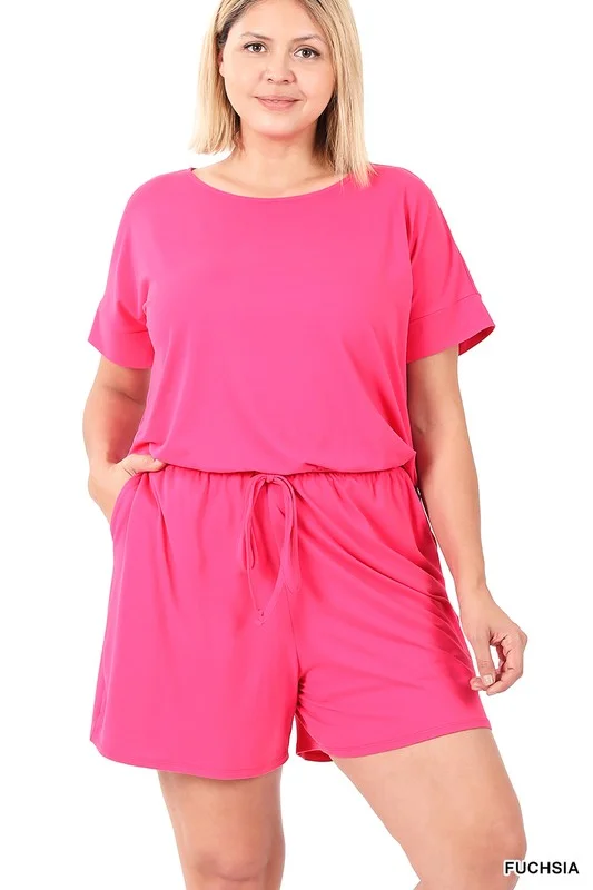 ZENANA Plus Brushed DTY Romper with Pockets Draped Sleeve Romper Elegant