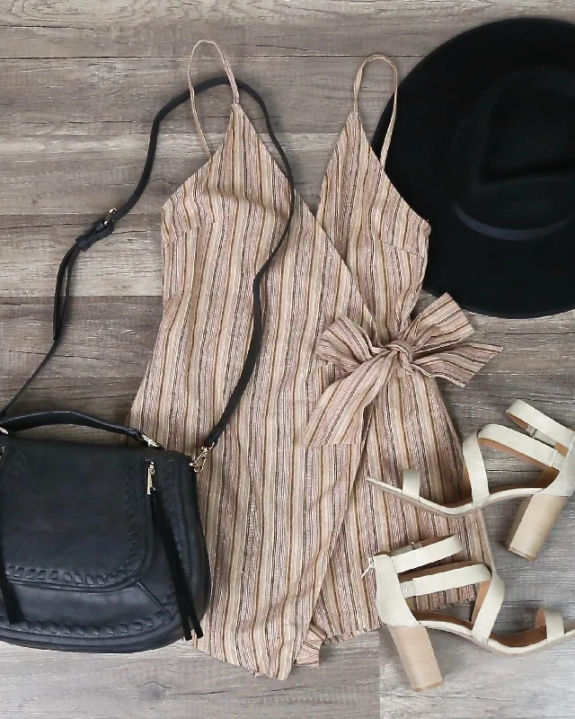 Cotton Candy LA - Selena Stripe Faux Wrap Romper in Tan Lace Bodice Romper Feminine