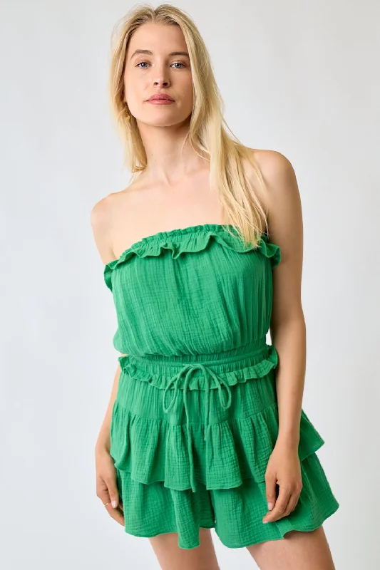 Short Strapless Tiered Ruffle Romper Flowy Ruffle Romper Stylish