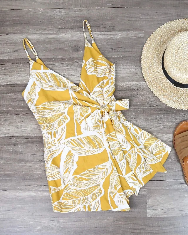 Dripping in Finesse Leaf Print Wrap Romper in Yellow Rhinestone Embellished Romper Glam