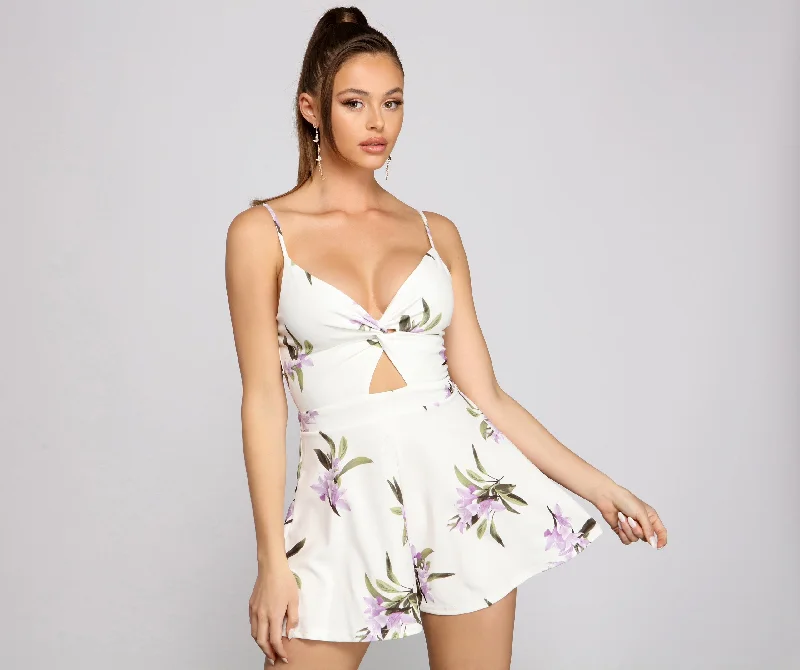 Flirty Floral Twist-Front Romper Side Slit Romper Chic