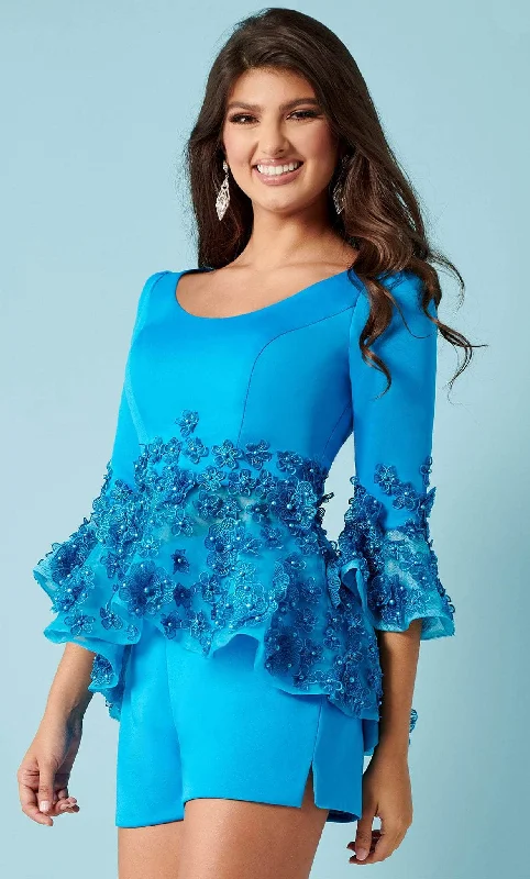 Rachel Allan 50241 - Embroidered Floral Peplum Romper Flowy Chiffon Romper Elegant