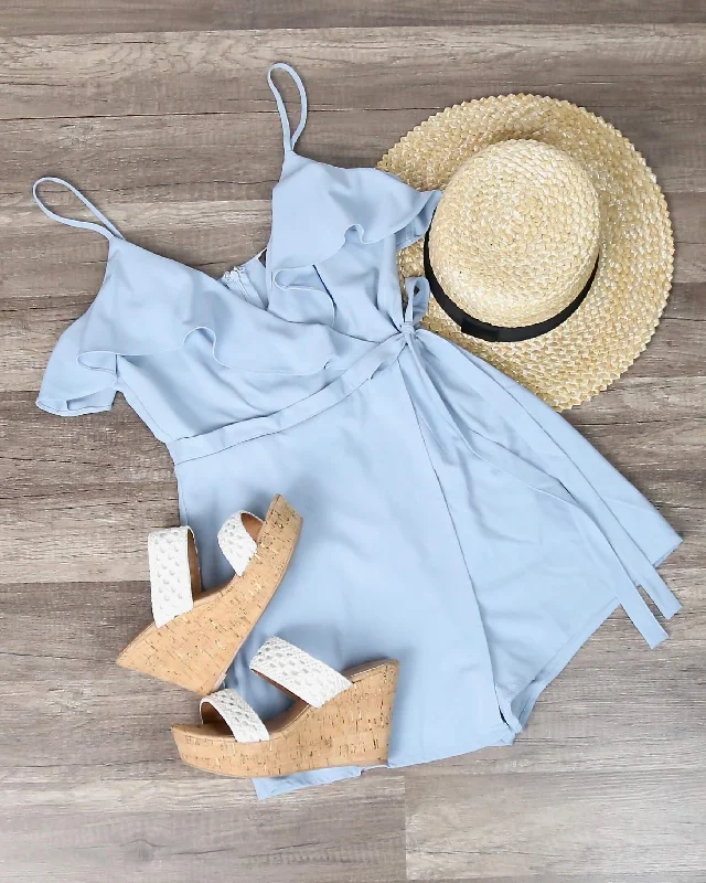 In My Feelings Ruffled Wrapped Sleeveless Romper in Sky Blue Slouchy Lounge Romper Soft