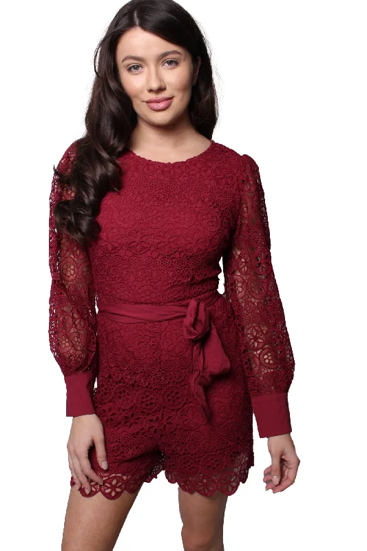 Women's Long Sleeve Round Neck Embroidered Romper Woven Fabric Romper Light