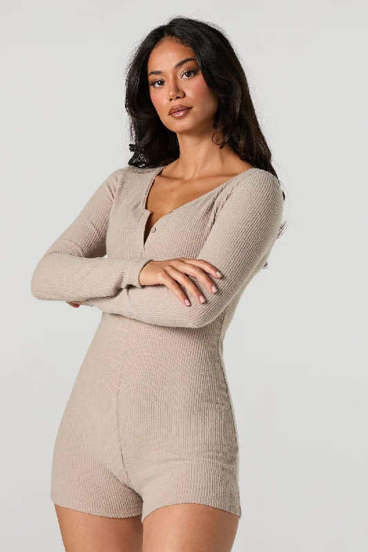 Ribbed Knit Long Sleeve Pajama Romper Comfortable romper for women