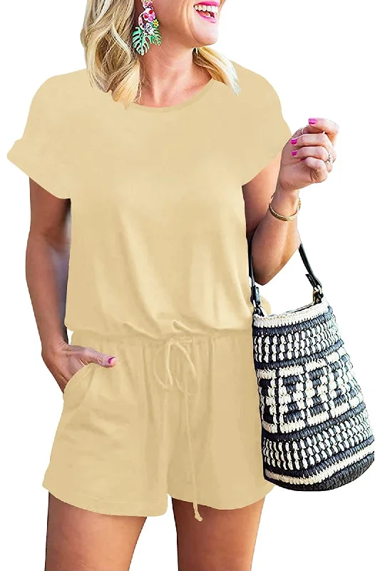 Bingerlily Women Apricot Short Sleeve Romper Romper with belted waist