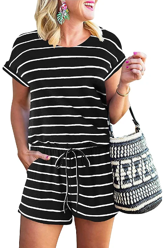 Bingerlily Women Black Stripe Short Sleeve Romper Vibrant Colorblock Romper Stylish