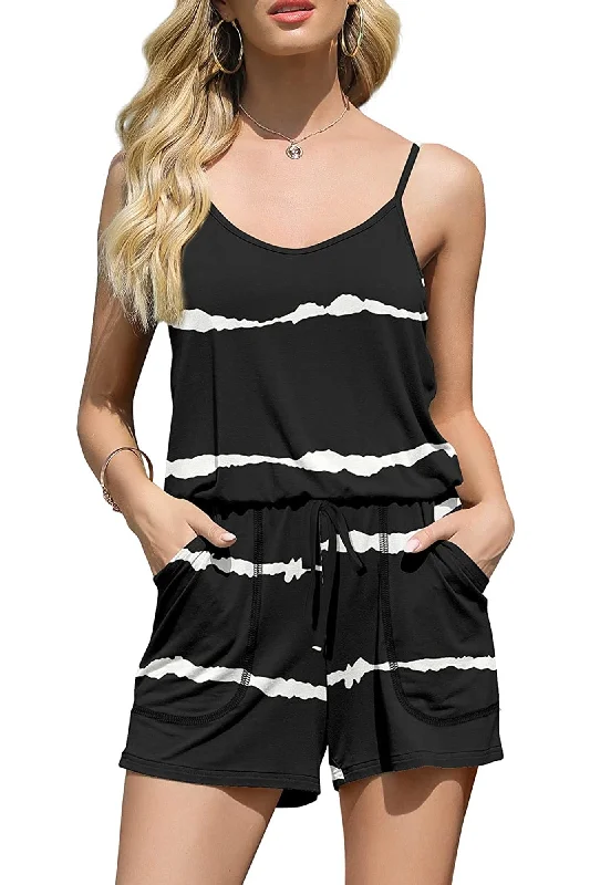 Bingerlily Women Black Stripe Spaghetti Strap Romper Cold Shoulder Romper Fashion