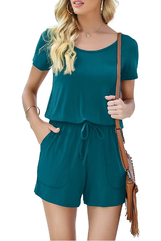 Bingerlily Women Blue Short Sleeve Romper Cute Puff Sleeve Romper